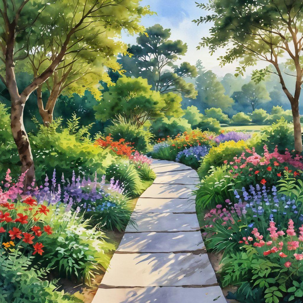 A serene landscape featuring a winding path that invites the viewer to take a joyful journey towards a vibrant sunrise, symbolizing well-being and exuberance. Along the path, colorful flowers bloom, and cheerful people of diverse backgrounds are engaged in uplifting activities like yoga, meditation, and laughter. Soft, warm light enhances the scene, evoking a sense of optimism and tranquility. watercolor style. vibrant colors. lush greenery.