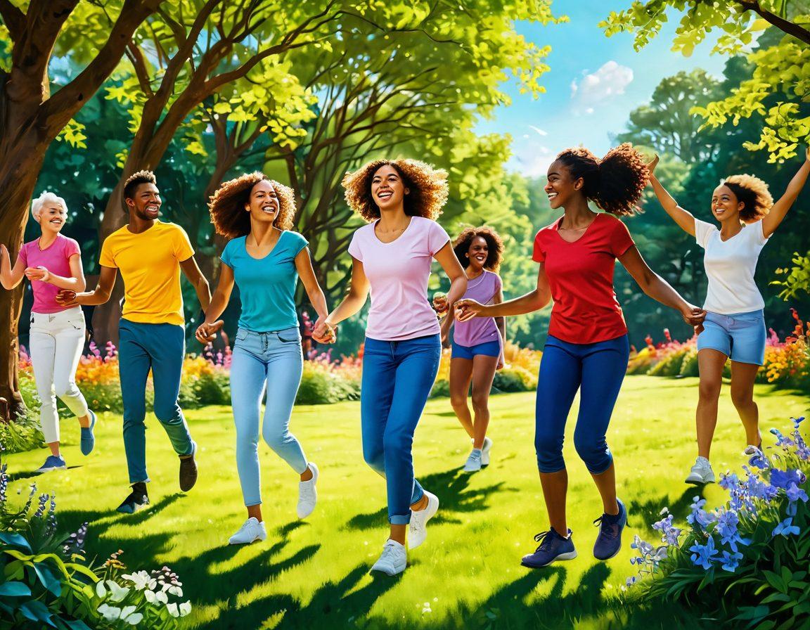 A vibrant scene depicting a diverse group of people engaging in various joyful activities, such as dancing, hiking, and laughing together in a sunlit park. Incorporate elements of nature like blooming flowers and lush greenery, symbolizing vitality. Use bright and energetic colors to evoke a sense of cheerfulness and satisfaction. Capture a sense of movement and joy in their expressions. super-realistic. vibrant colors. cheerful atmosphere.